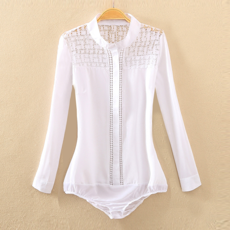 Nova moda blusa de escritório feminina suporte de gola de renda patch de manga comprida body de camisa branco body