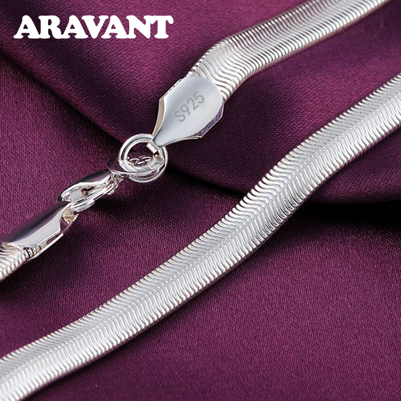 Aravant 925 srebro 16/18/20/22/24/26 Cal 6 MM płaski łańcuszek węża naszyjnik dla kobiet mężczyzn moda biżuteria ślubna