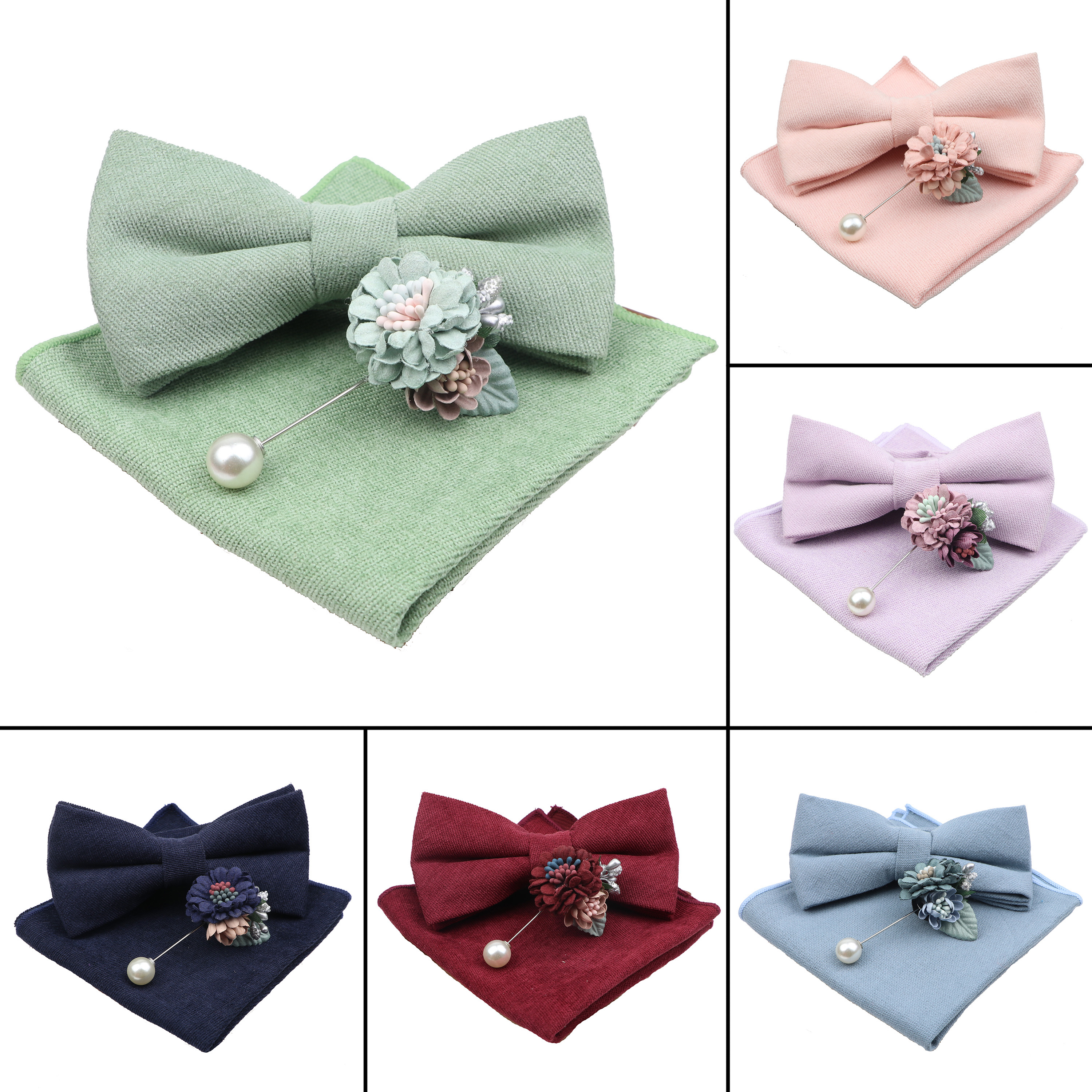 Effen Kleur Super Zacht Suède Mannen Katoen Vlinderdas Zakdoek Broche Set Bowtie Strik Roze Blauwe Vlinder Wedding Novelty Gift