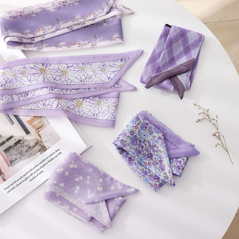 Verão francês retro roxo amarrado cabelo pequeno floral longo lenço de seda bandana trançado cabelo chiffon fita fina cachecol