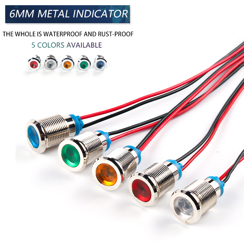 Lampe de signalisation LED étanche en métal, 6mm, avec fil 3V 6V 12V 24V 110V 220V, bouton métallique rouge/jaune/bleu/vert/blanc