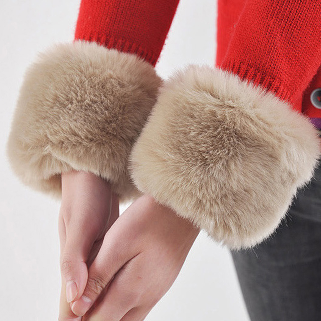 1 par inverno quente feminino braço mais quente pele do falso macio elástico pulso tapa em punhos braço mais quente de pelúcia engrossar acessórios cinza branco