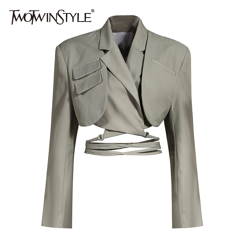 TWOTWINSTYLE-Blazer elegante Irregular para mujer, chaqueta de manga larga con muescas y lazo, moda de primavera, 2022