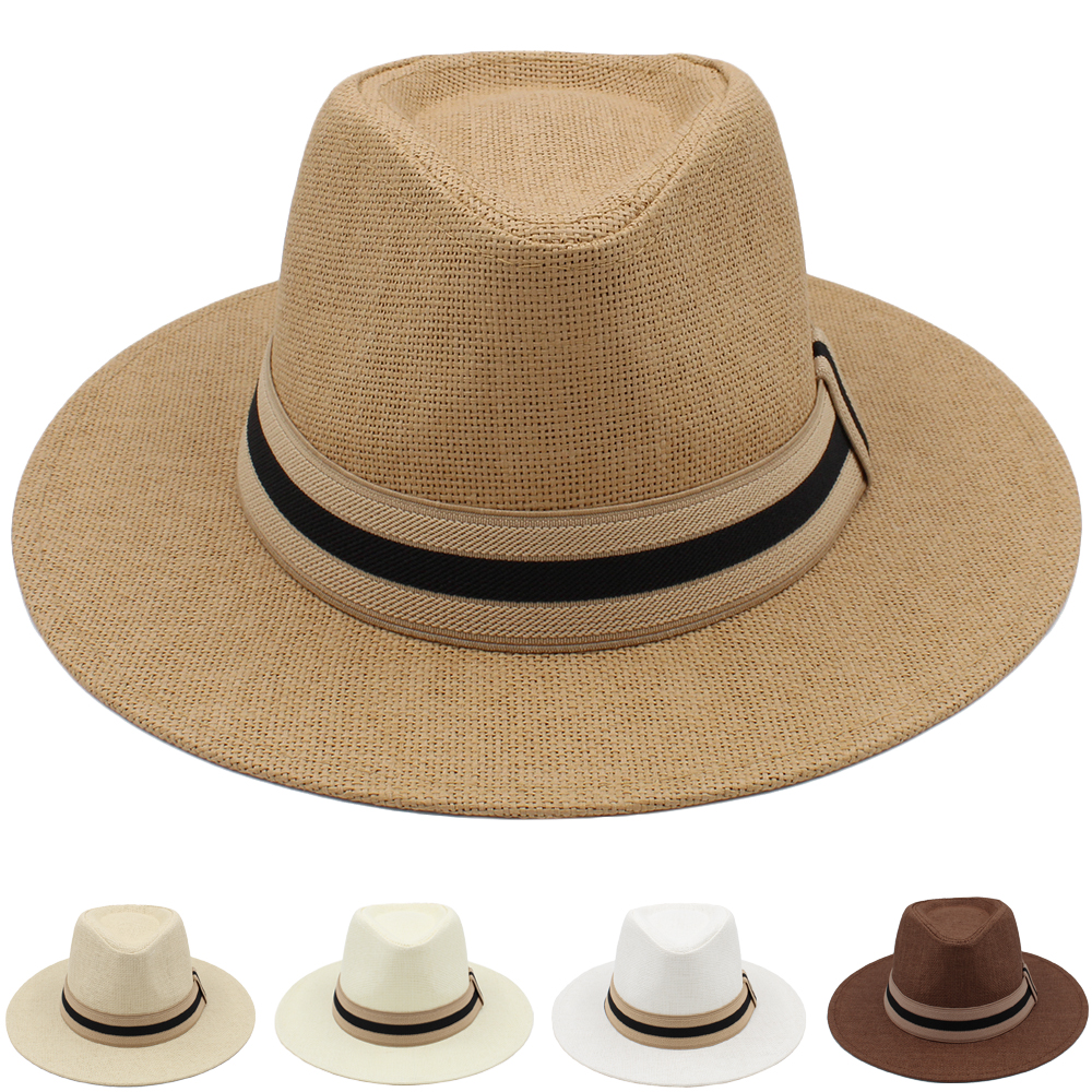 ผู้ชายผู้หญิงปานามาหมวกฤดูร้อนกว้าง Brim Bowtie Band Fedora Sunhats Trilby หมวกชายหาดกลางแจ้งขนาด US 7 1/4 UK L