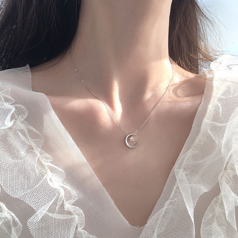 Collar de plata de ley 925 con forma de luna y estrella para mujer, cadena de clavícula Simple y brillante, joyería de boda, regalo de fiesta de cumpleaños
