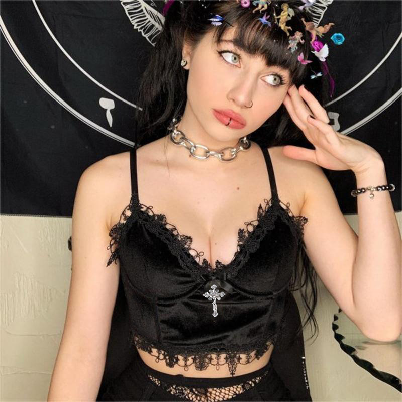 Fluwelen crop tops voor dames, zwarte kanten versiering, emo-alternatief, esthetische crop tops, rugloze sexy bandtanks, Mall Goth, Y 2K