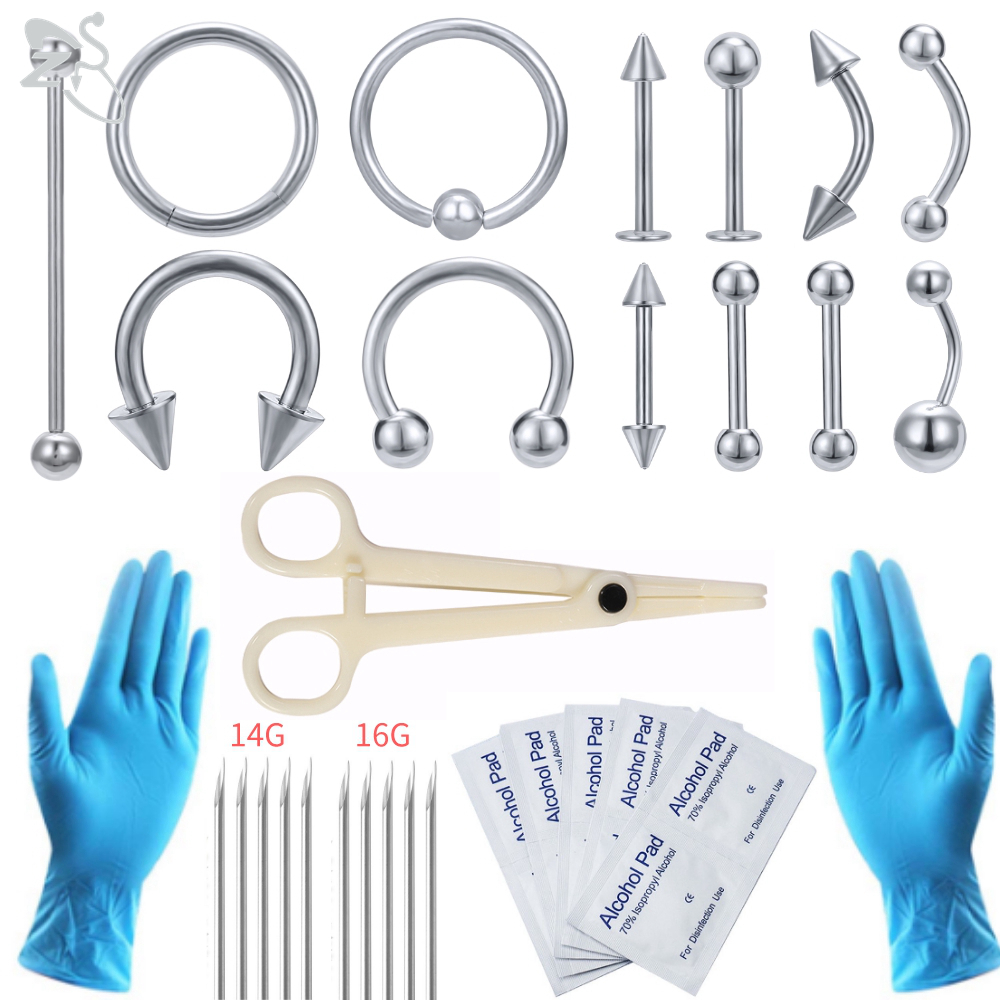 ZS Body Piercing Tool Kit 12-20G Einweg Professionelle Körper Selbst Piercing Kits Klemme Handschuhe Werkzeuge Ohr Lippe Nase Nabel Piercings