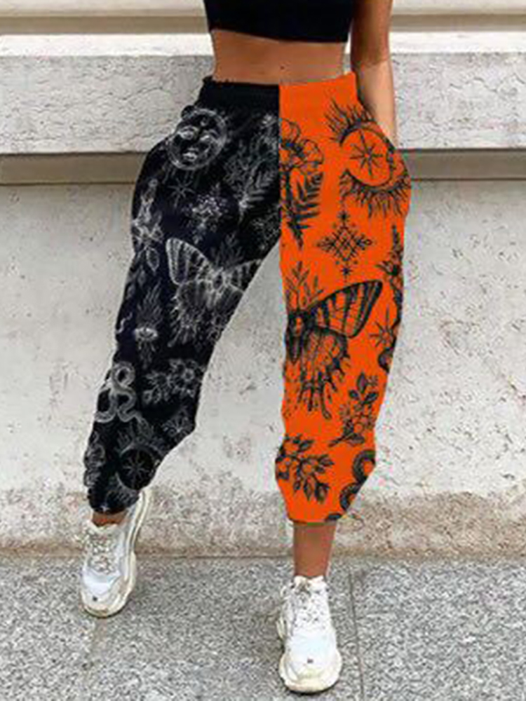 Frauen Casual Schädel Druck Patchwork Hosen Frühling Herbst Elastische Taille Tasche Lose Bleistift Hosen Weibliche Streetwear Warme Jogginghose