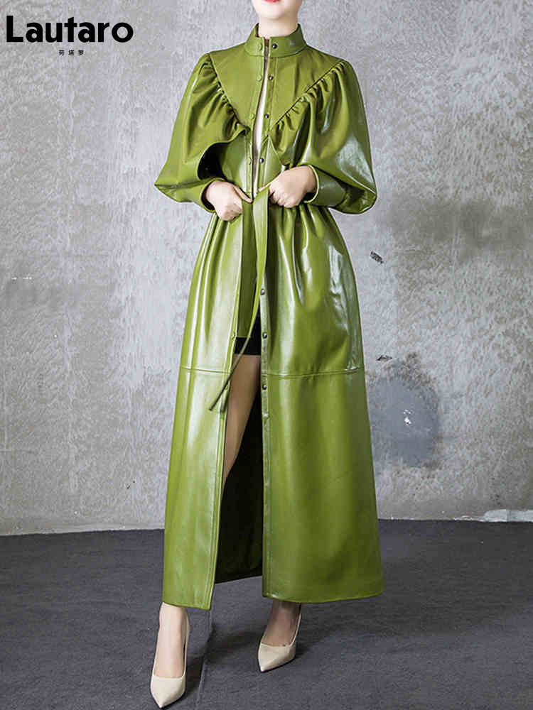 Lautaro-gabardina larga de piel sintética suave para mujer, abrigo largo elegante de diseñador, moda Retro de lujo, color verde y negro, otoño, 2022