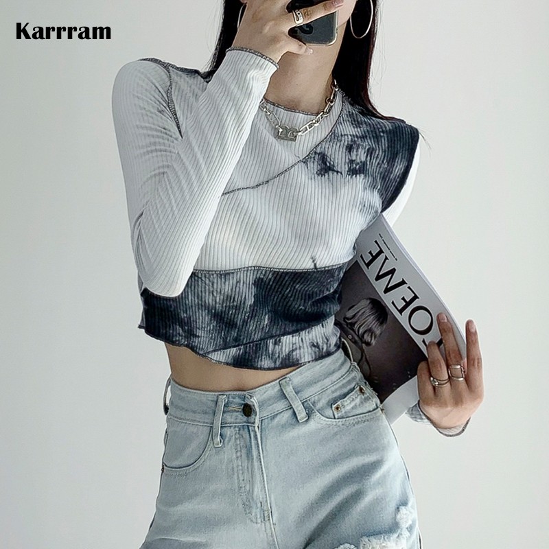 Karrram-Tops cortos ajustados sexys de manga larga para mujer, camiseta ajustada teñida con lazo, camiseta acanalada a la moda de primavera, ropa de calle estética Y2k
