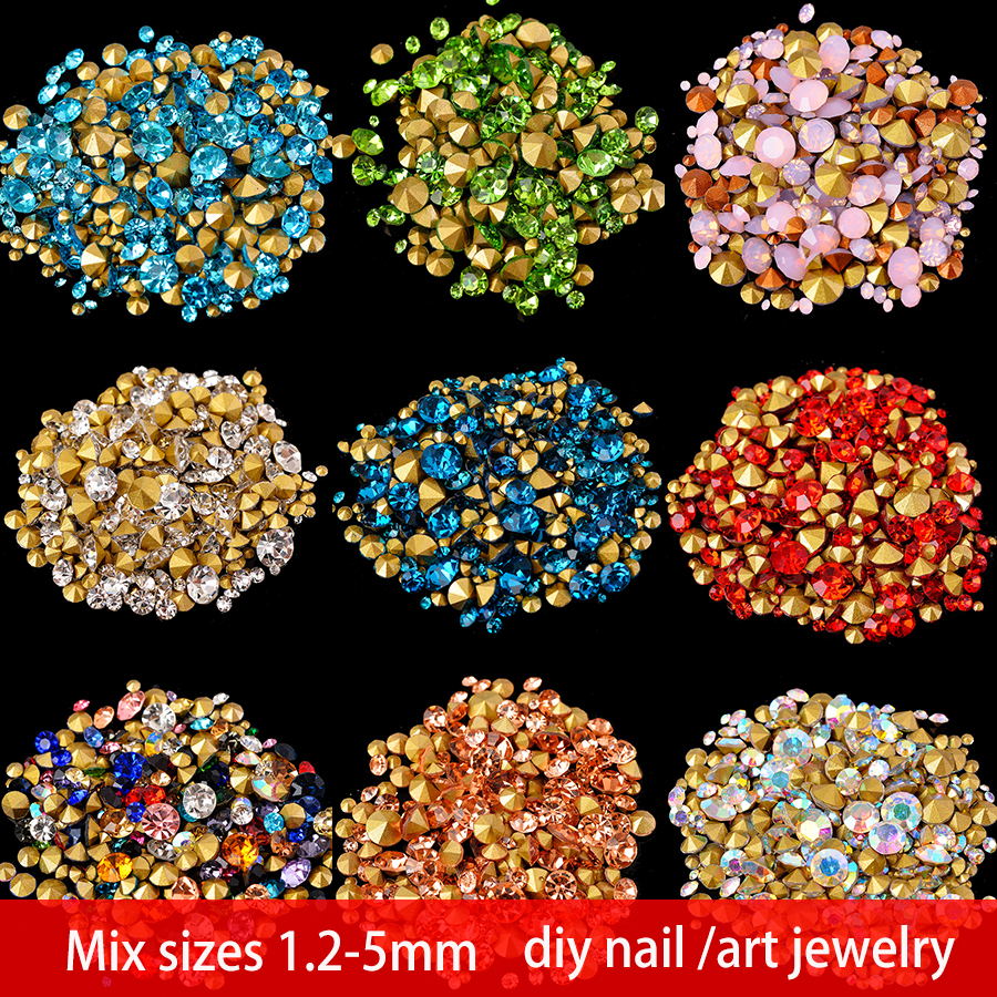 SS2-ss22 mix tamanhos pedra de vidro redonda apontou volta cristal strass decorações da arte do prego colar brinco broche reparação jóias