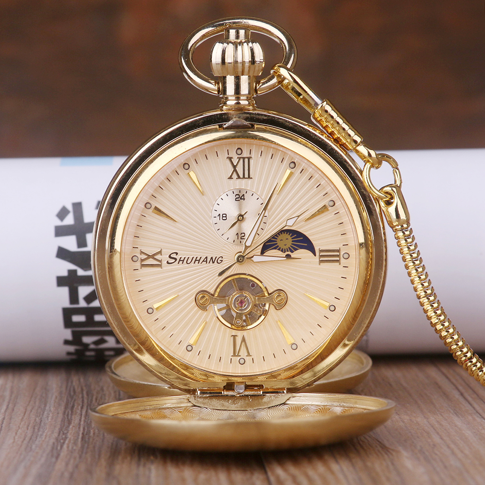 Luxo de alta qualidade fase da lua dourada relógio de bolso mecânico número romano tourbillon dial pingente corrente masculino feminino jóias presente