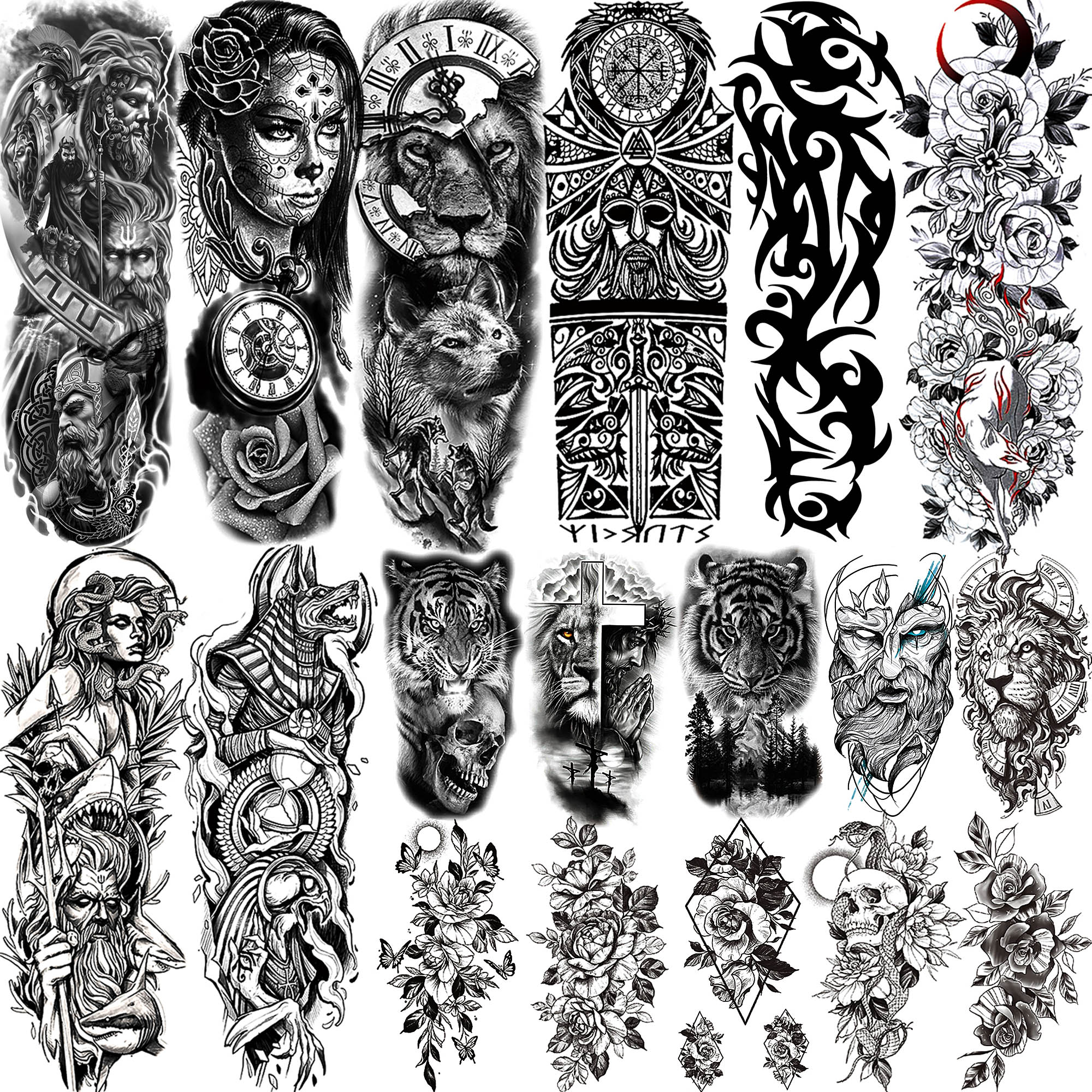 Tatuajes temporales de brazo completo para hombres y mujeres, tatuajes falsos realistas, guerrero, León, Tigre, flor, pegatina, tótem negro Maori
