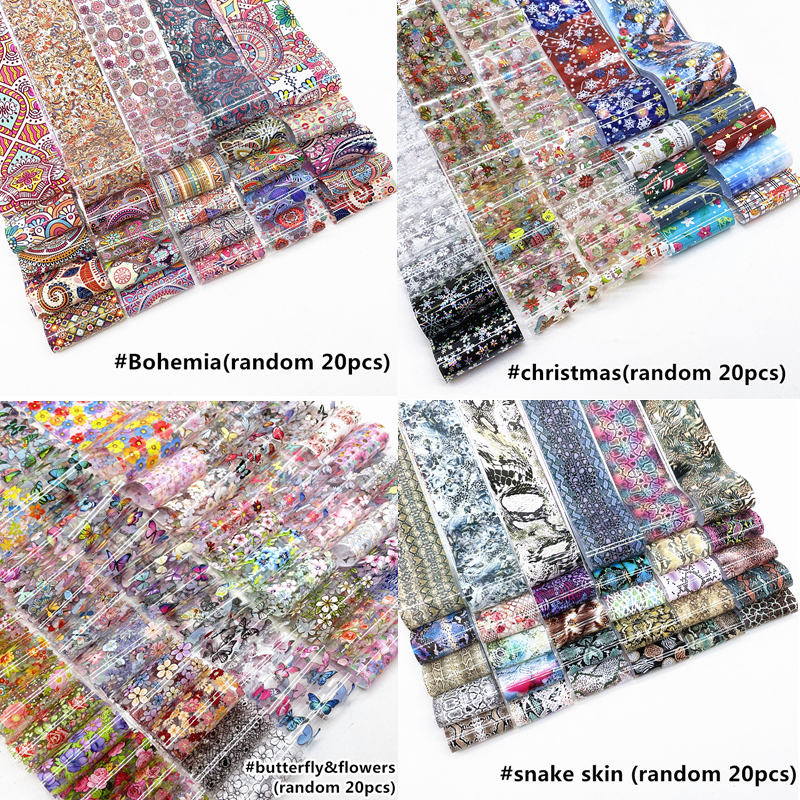20 rouleaux de feuilles d'ongles d'halloween, papier de transfert dégradé, autocollants de noël pour Nail Art, décalcomanies de manucure florales à rayures, décoration d'ongles