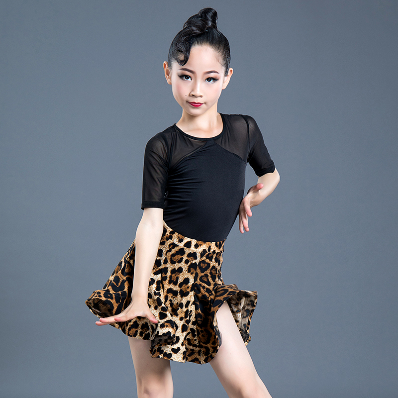 子供ラテンダンスドレス練習ドレスヒョウラテンパフォーマンス女性女の子スパンデックス競技試験ダンススカート