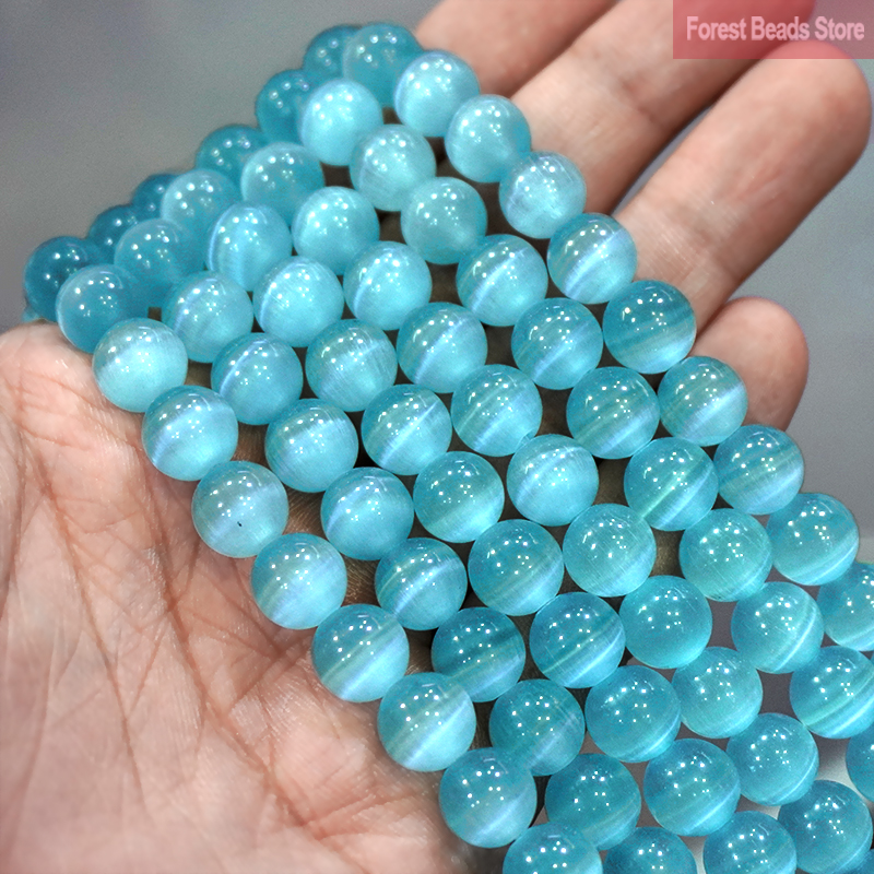 Cuentas de ojo de gato AAA de color azul claro liso, piedra de ópalo de alta calidad, cuentas redondas sueltas, pulsera DIY para fabricación de joyas, 15 ", 6/8/10MM