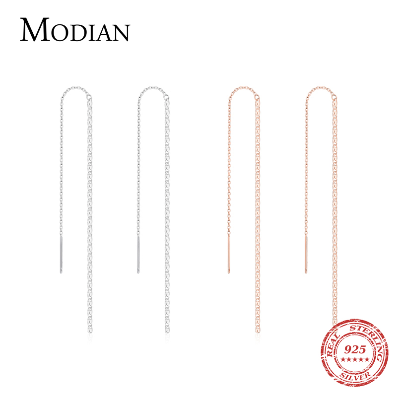 Modian sólido 925 prata esterlina elegante longo borla brincos simples cor de ouro rosa balançar orelha para mulheres jóias de prata