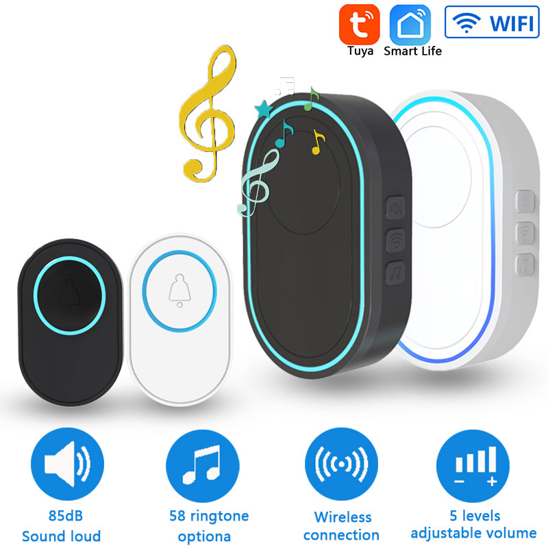 Timbre inteligente Tuya inalámbrico para el hogar, timbre de bienvenida de 433Mhz, botón impermeable, luz LED, 58 canciones, 5 niveles de volúmenes, timbres de puerta de 100m