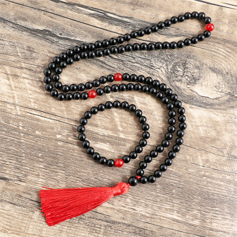 8mm Naturstein Schwarzer Onyx Roter Achat Japamala Sets Gebetsschmuck Yoga Meditation 108 Mala Perlen Halskette
