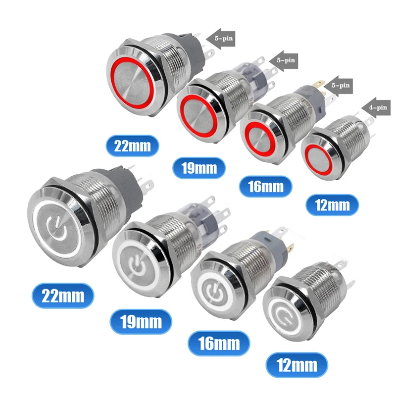 Sakelar Tombol Logam 12/16/19/22Mm Sakelar Daya Mesin Mobil 3V 5V 12V 24V 220V Lampu LDE Tombol Tahan Air Pengunci Otomatis Sementara