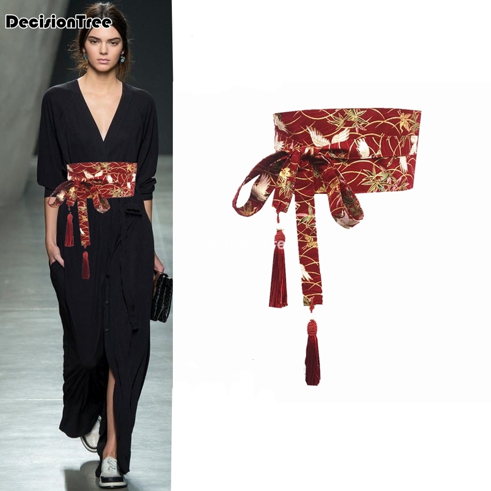 Corsé ancho japonés para mujer, faja de satén con estampado floral, Estilo vintage, 2023