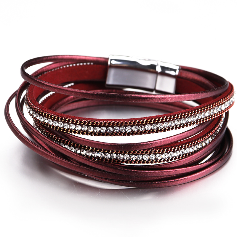 Amorcome-pulsera de cuero con diamantes de imitación para mujer y hombre, brazalete multicapa, doble envoltura, joyería
