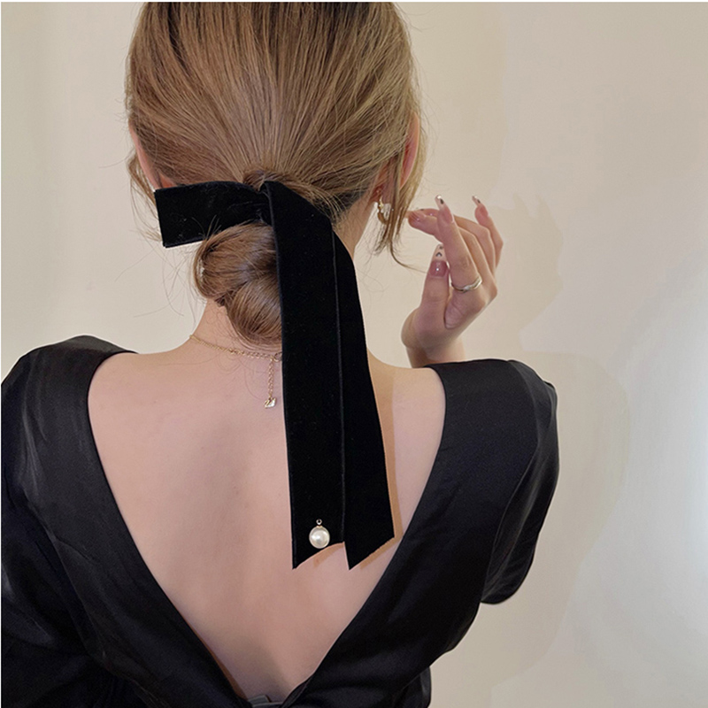 Lystrfac-Lazo de pelo de terciopelo Vintage para mujer, cinta larga, horquilla de perlas, Clip superior Simple, horquillas para mujer, accesorios para el cabello