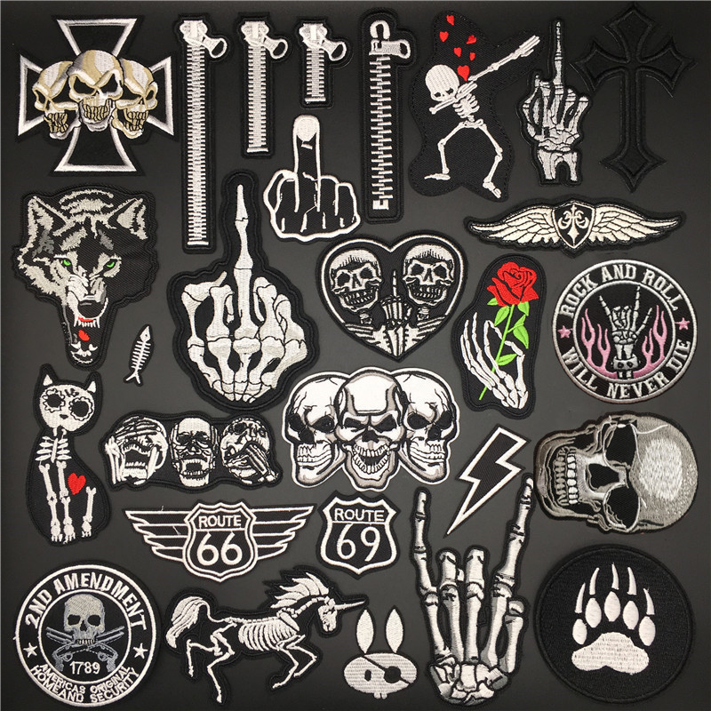 Schädel Punk Patches für Kleidung Stickerei Streifen Diy Abzeichen Nähen Dekoration Kleidung Aufkleber Eisen auf Patches Applikationen