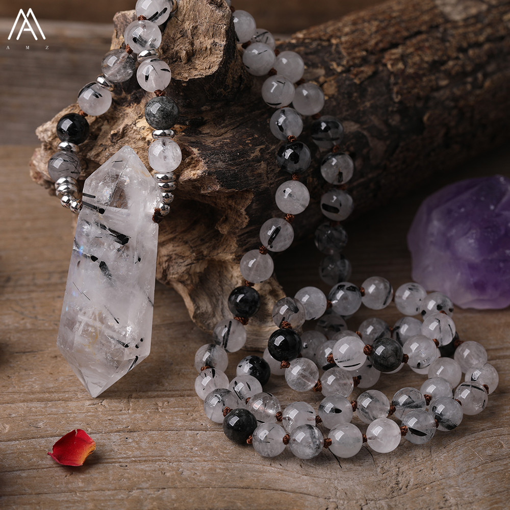 Natural Black Rutilated Quartz Double Point Pendant 8mm Black Rutilated Quartz Round Beads Cord Knotted Necklace Mala Jewelry