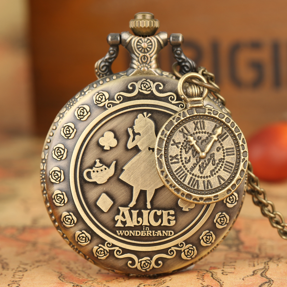 Retro bronze alice relógio de bolso poker carrossel acessório algarismos árabes quartzo colar pingente presente criativo para menina mulher