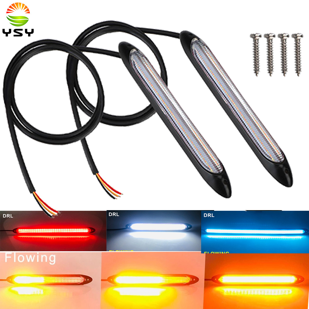 2 pçs led carro drl luzes diurnas à prova dwaterproof água universal dc 12v auto farol sequencial sinal de volta fluxo amarelo luz do dia