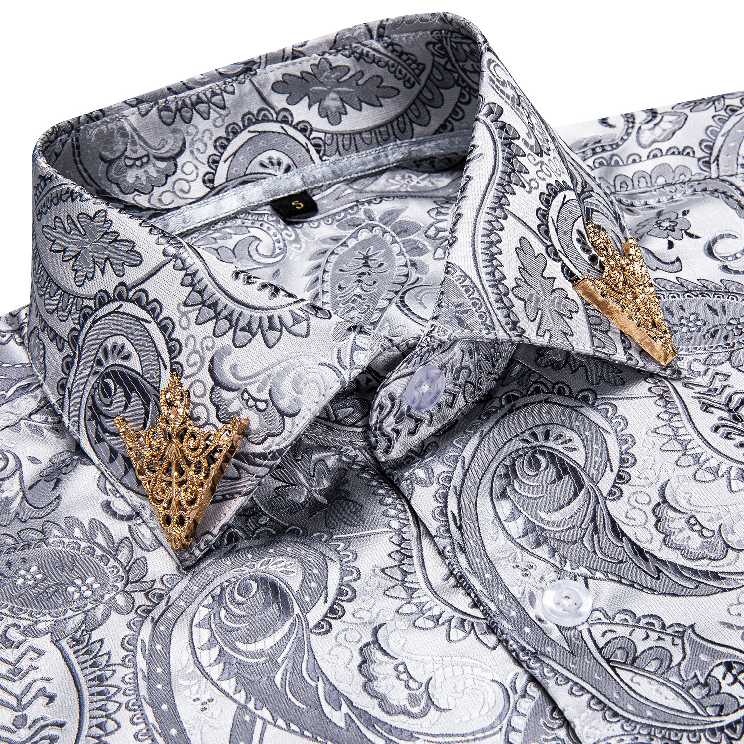 Camisa floral paisley masculina, branca prateada, casual de negócios, manga longa, camisa de colarinho social masculina, blusas de botão, marca fashion