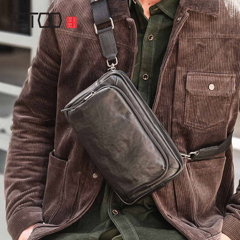 AETOO-Bolsa de ombro couro bronzeado vegetal, couro da moda, bolsa multifuncional de peito, mensageiro casual masculina