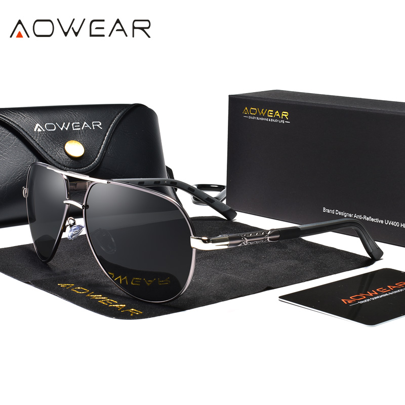 AOWEAR Herren Klassische Luftfahrt Sonnenbrille Männer Polarisierte Aluminium Retro Sonnenbrille Männlich Marke Designer Fahren Spiegel Gläser
