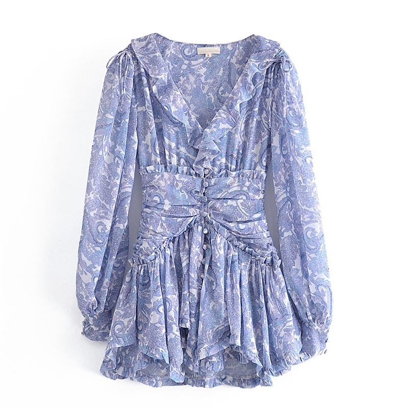 YENKYE Sommer Frauen Rüschen V-ausschnitt Langarm Floral Print Boho Kurze Kleid Damen Vintage Fee Robe Urlaub Vestido