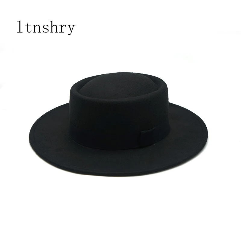 Winter Simple Fashion Wide Brim Vintage Wide Fedoras Hats for Women Solid Color Flat Top Black Ribbon Casual Panama Jazz Cap