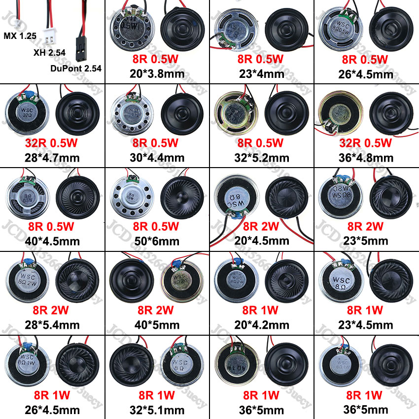 2x8 32 Ohms 8R 32R 0.5W 1W 2W diamètre 20 23 26 28 30 32 36 40 50 MM haut-parleur Ultra-fin avec ligne MX XH DuPont 1.25 2.54 Terminal