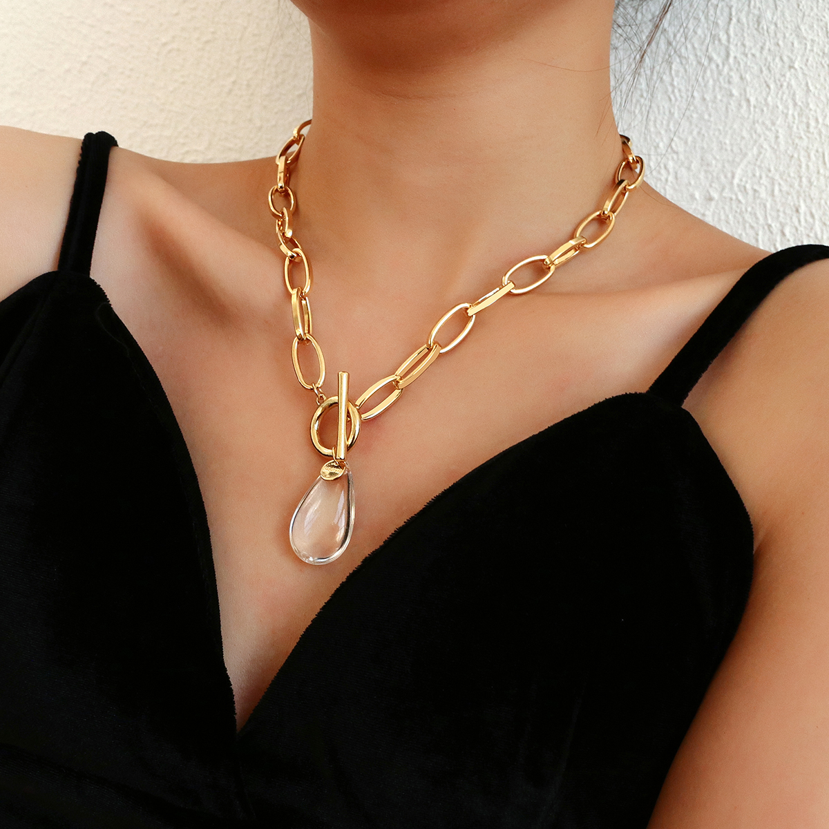 Flashbuy nueva moda, collar con colgante de gota de agua de cristal transparente para mujer, collar de cadena de Metal de Color dorado bohemio, joyería de fiesta