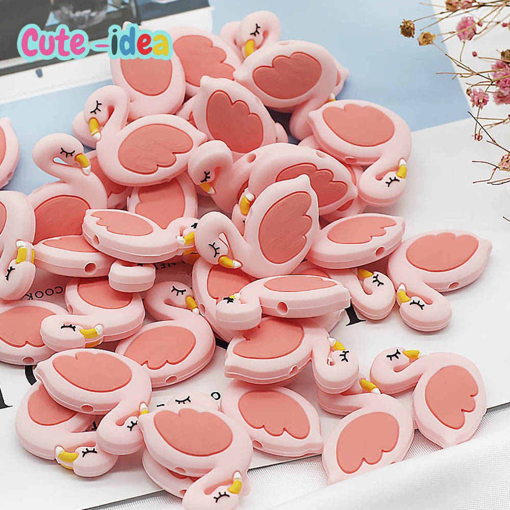 Cute-Idea – Mini perles de flamant rose en Silicone, anneau de dentition à mâcher, chaîne de sucette, accessoires faits à la main, DIY, produit pour bébé, 10 pièces