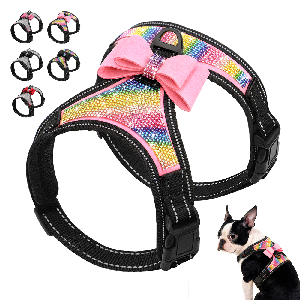 Moda odblaskowa Bling Rhinestone szelki dla psa Nylon Pitbull mops małe średnie psy szelki kamizelka z Bowknot akcesoria dla psów