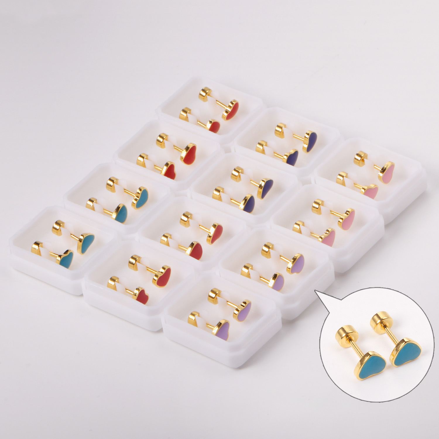 12 par/lote lindos pendientes de tuerca para niñas de acero inoxidable 316L para mujeres amor corazón flor Piercing Stud joyería regalo de fiesta de moda