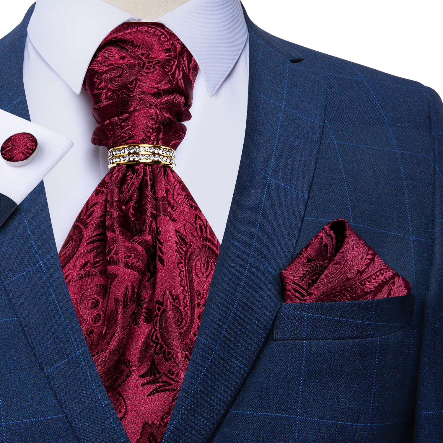 Bourgogne rouge Paisley hommes Vintage Ascot cravate mariage formel Cravate Ascot luxe cravate Hanky boutons de manchette anneau ensemble pour fête DiBanGu