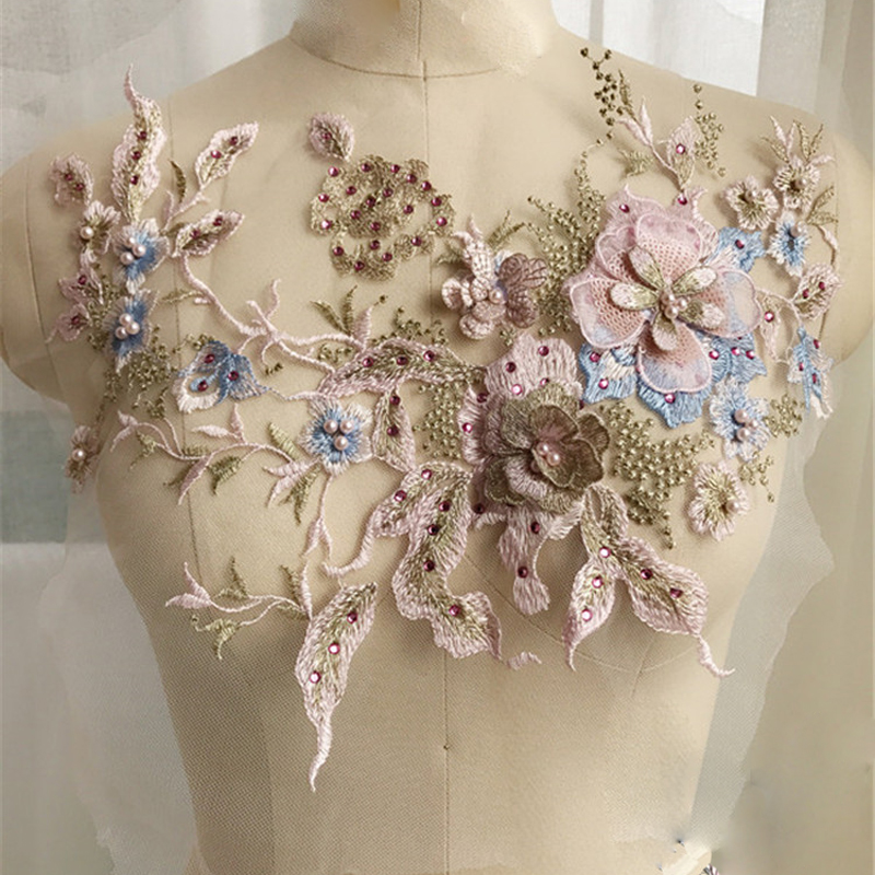 Parches de Tela Bordados con Perlas y Flores 3D, Encaje para Bolsos, Decoración de Disfraces, Parches de Costura, Apliques para Reparación DIY