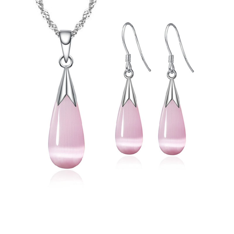 Conjunto de joyería pura, Plata de Ley 925 Simple, Color blanco, rosa, gota de agua, ópalo, ojo de gato, colgante de piedra, collar/pendientes de gancho/cadena