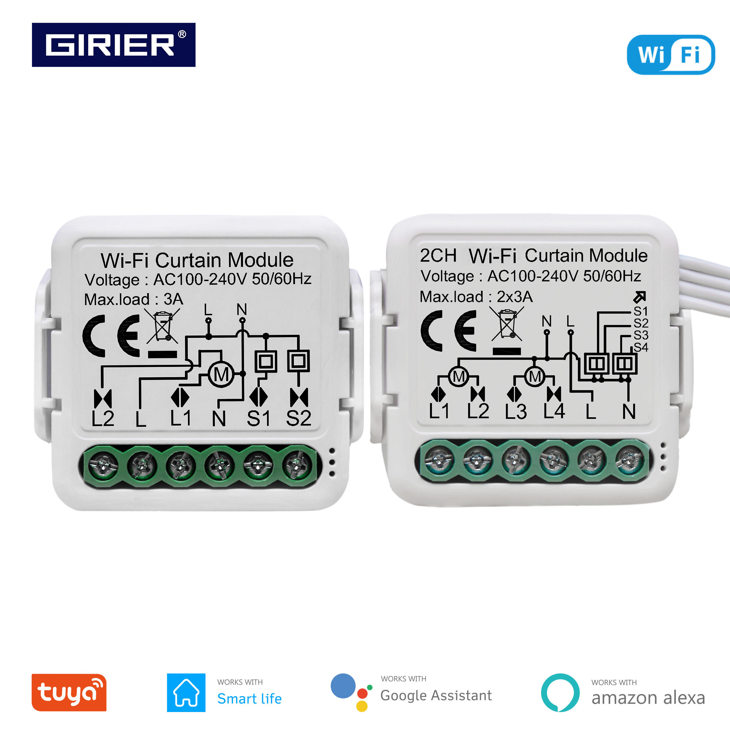 GIRIER Tuya Wifi inteligente módulo de cortina interruptor ciego para persiana enrollable Motor eléctrico 1/2 Gang Compatible con Alexa Google Home