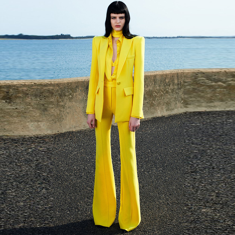 Conjunto de Terno de Designer de Passarela 2026 Mais Recente da HIGH STREET, Blazer de Botão Único e Calças Flare para Mulheres