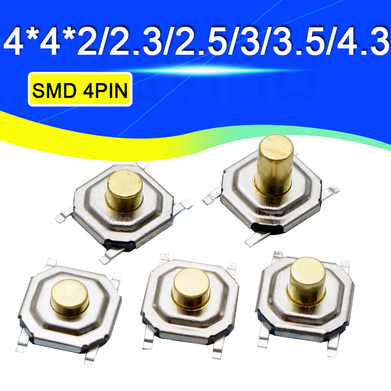 50 pièces 4x4mm hauteur de 1.5mm à 4.3mm bouton poussoir momentané en métal interrupteur SMT 4PIN bouton clé