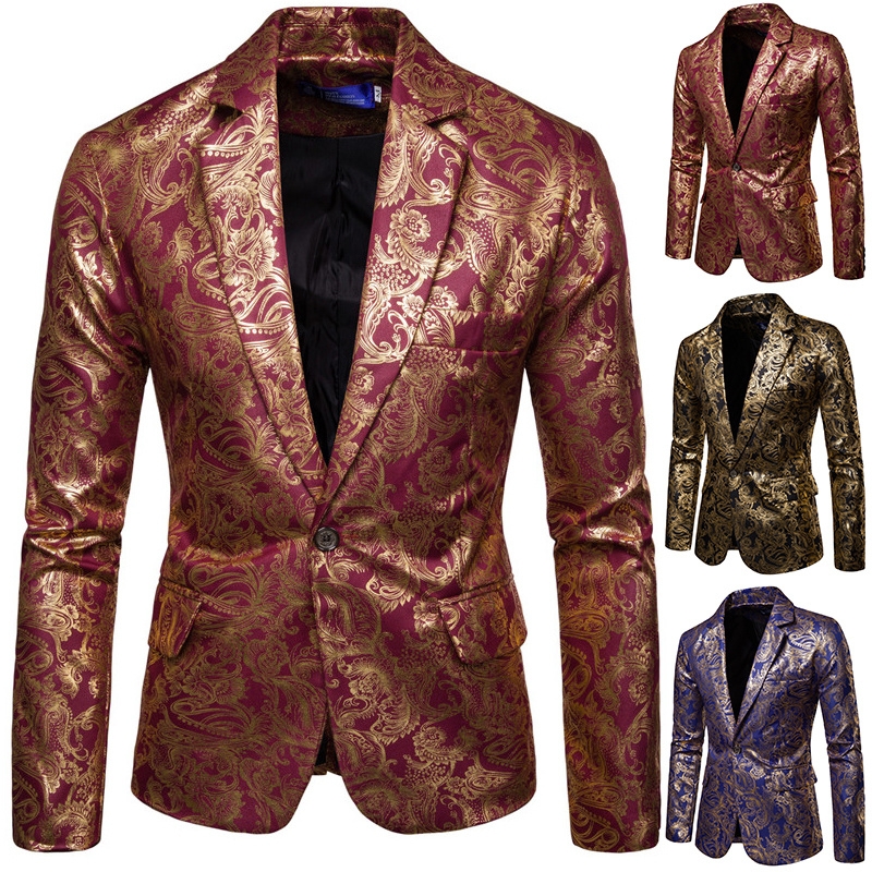 Blazer informal, chaqueta, traje de fiesta, moda de alta gama, Blazers florales dorados de lujo para hombre, traje informal de negocios