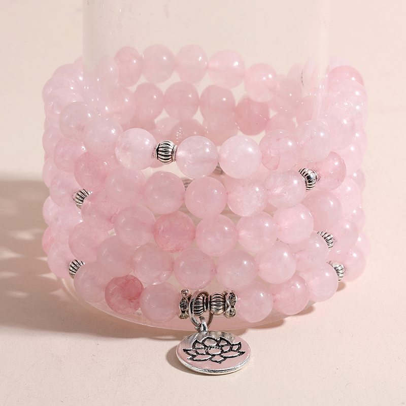 8 mm Rosenquarz-Perlen, 108 Mala, elastische Kordel, Armband, Yoga, Gebet, Armreif, Schmuck, Lotus OM, Baum des Lebens, Anhänger für Frauen