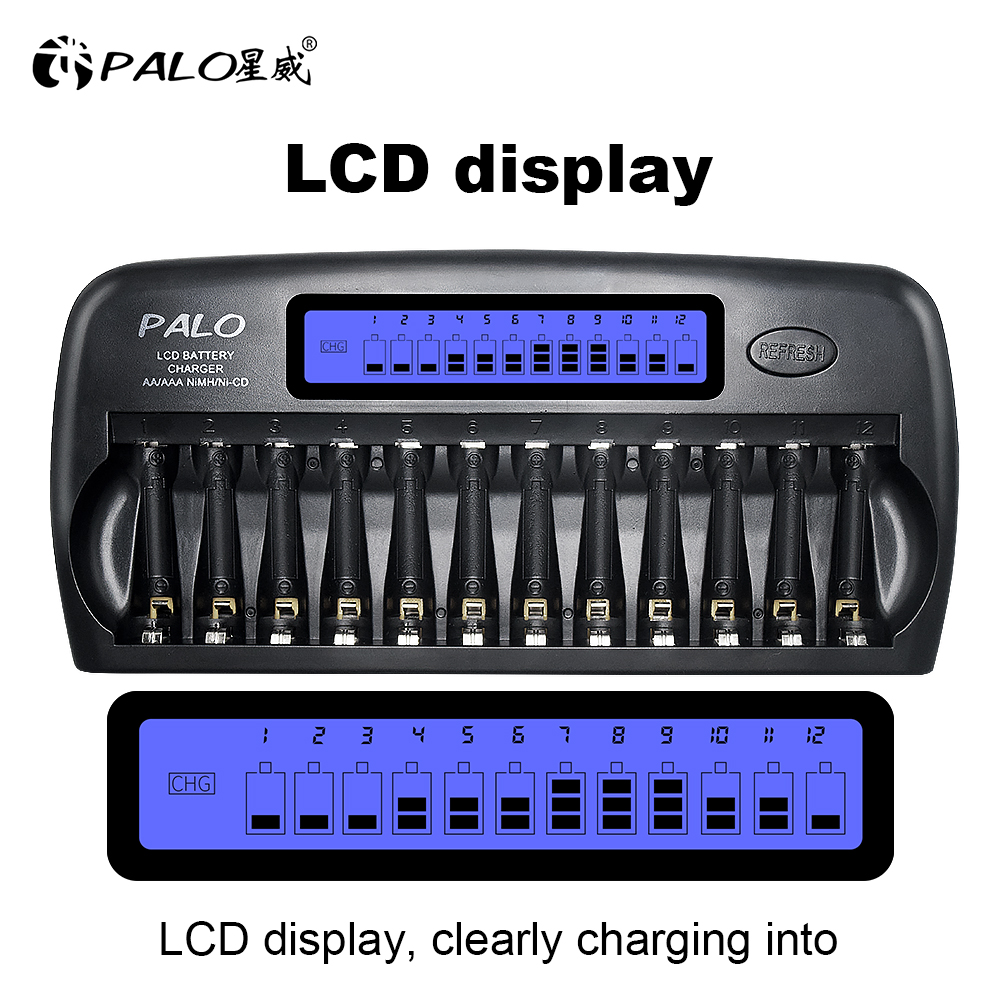 Caricabatterie Intelligente con Display LCD a 8/12/16 Slot, Ricarica Rapida per Batterie Ricaricabili 1.2V AA AAA 2A 3A Ni-MH NiCd